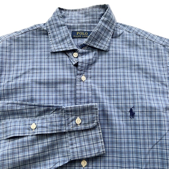 Polo Ralph Lauren Blue Small Plaid Long Sleeve Button Front Men's Shirt Sz M - Picture 1 of 13